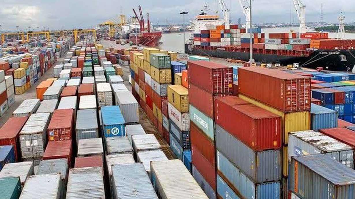 Aerial view of a Lagos container terminal with a berthed vessel