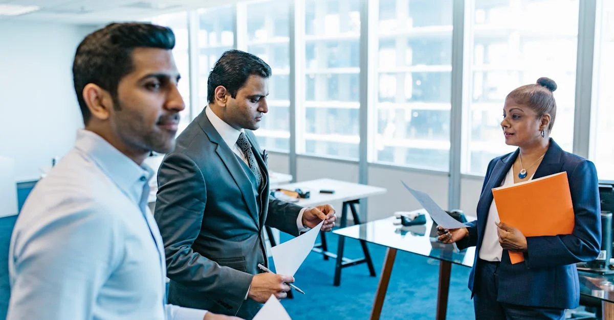 Business team discussing a project in a modern office